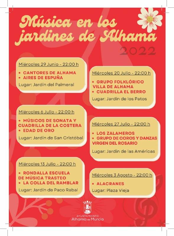 June 22-August 26 Music in the gardens and districts of Alhama 2022