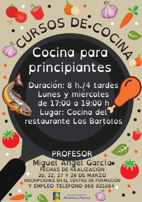 March 20, 22, 27 and 29 Free cookery course for beginners in Alhama de Murcia