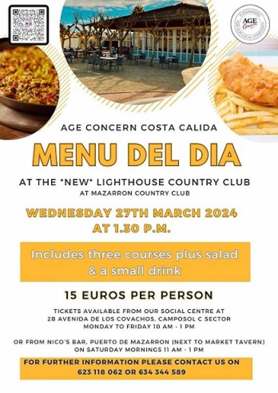 March 27 Age Concern Monthly Menu del Dia at The New Lighthouse Restaurant 