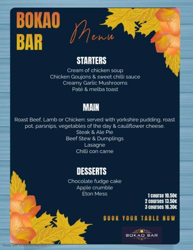 November 17 Sunday Lunch menu at the Bokao Bar, Condado de Alhama Golf Resort
