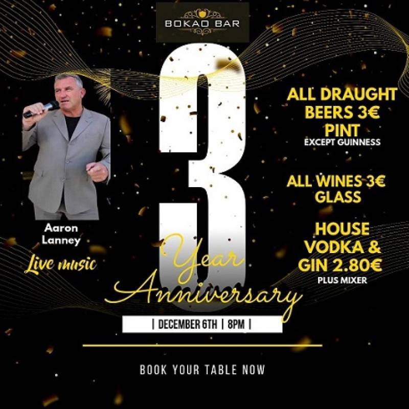 December 6 Bokao Bar celebrates third anniversary on Steak Night with Aaron Lanney performing live music