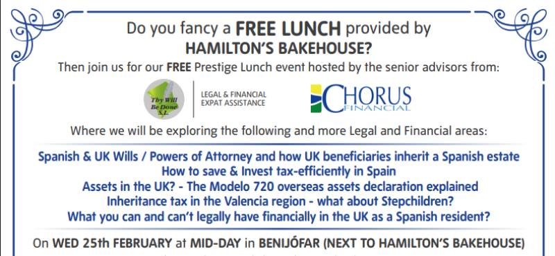 February 25 Free lunch and expert legal advice for expats in Benijófar, Alicante