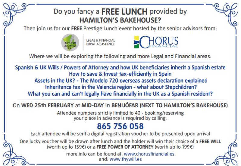 February 25 Free lunch and expert legal advice for expats in Benijófar, Alicante